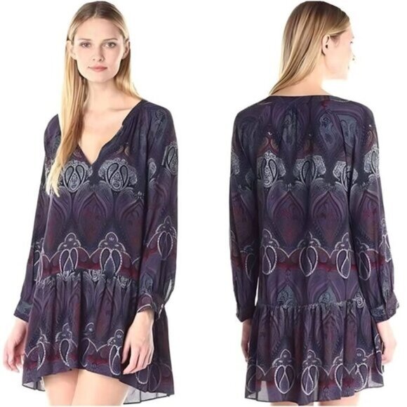 Sanctuary ✦ Purple Paisley Boho Mini Dress ✦ V-Neck w/ Tiered Hem & Long Sleeves - Picture 7 of 11